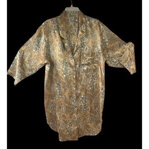 Labeaux Satin PJ Shirt Women XL Gold Paisley Button Oversize Lounge Sleep Top